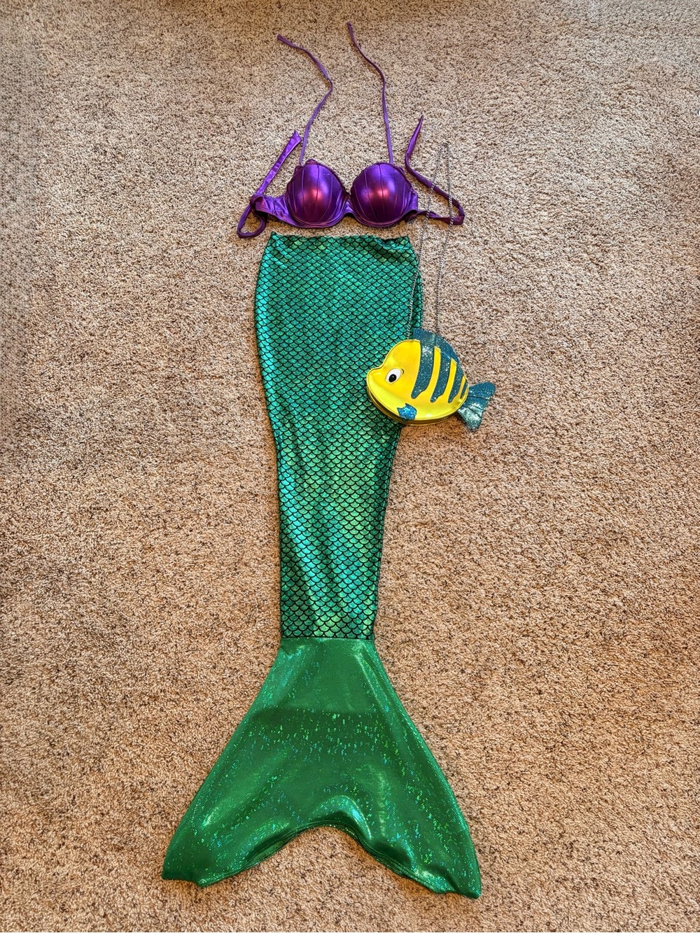Women’s Green Mermaid Tail Costume with Purple Shell Bikini Top & Flounder Bag